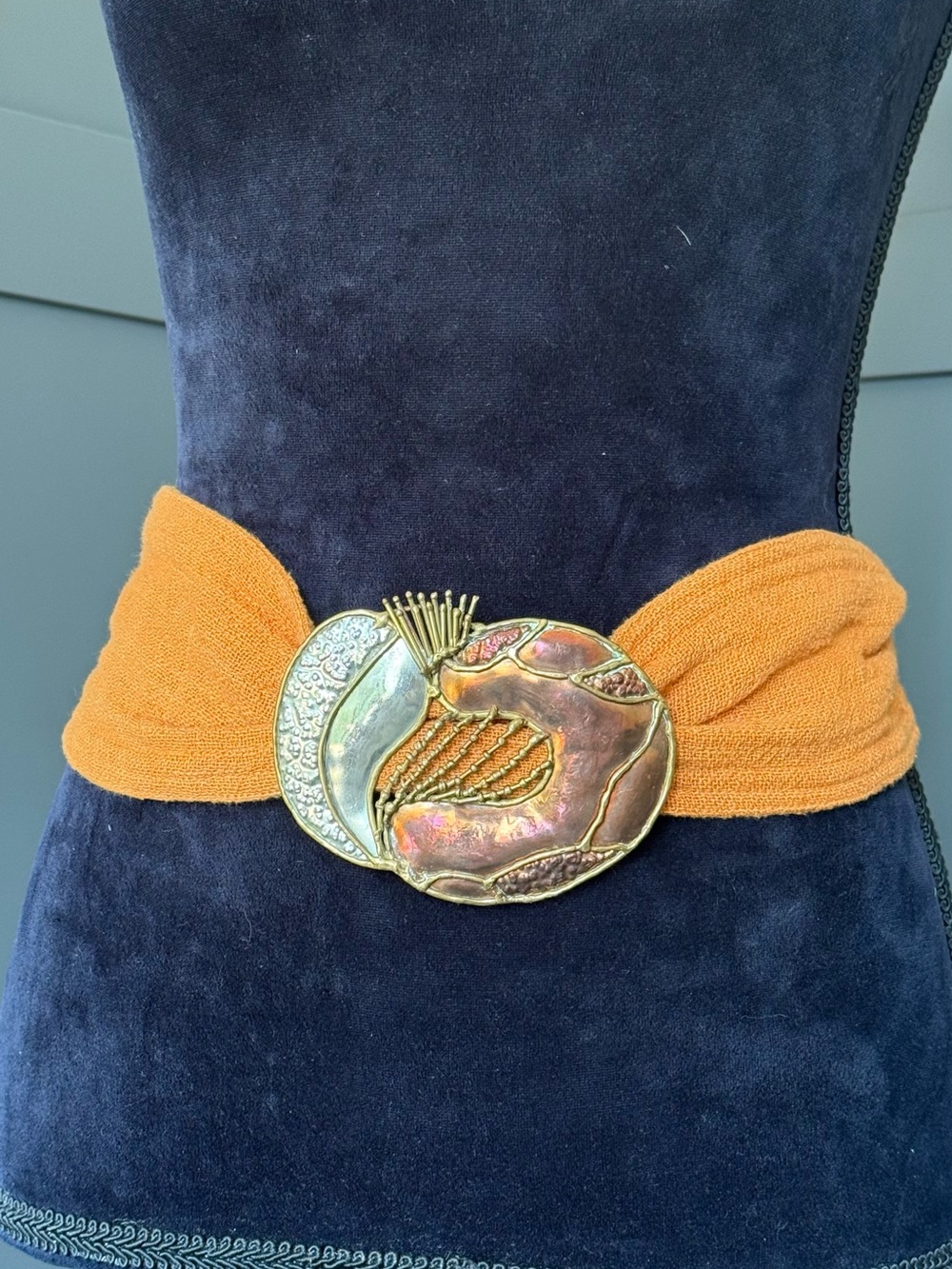 Vintage brutalist 3 tone scarf/belt slide, copper, brass , silvertone. Artisan